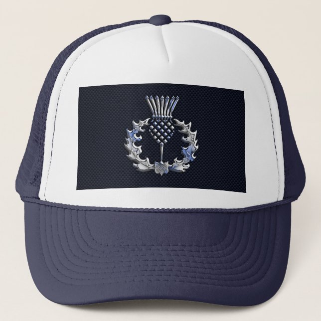 Carbon Fibre Print Silver Scottish Thistle Trucker Hat (Front)