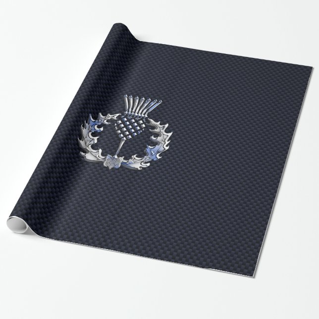 Carbon Fibre Print Silver Scottish Thistle Wrapping Paper (Unrolled)