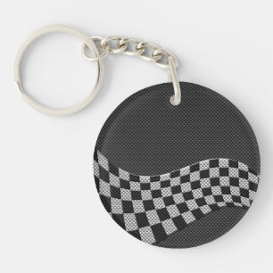 Carbon Fibre Racing Flag Wave Print Decor Keychain