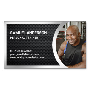 Carbon Fibre Silver Fitness Personal Trainer Photo Magnetic Business Card