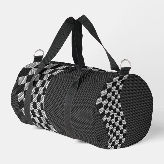 Carbon Fibre Style Chequered Racing Flag Wave Duffle Bag (Left Corner)
