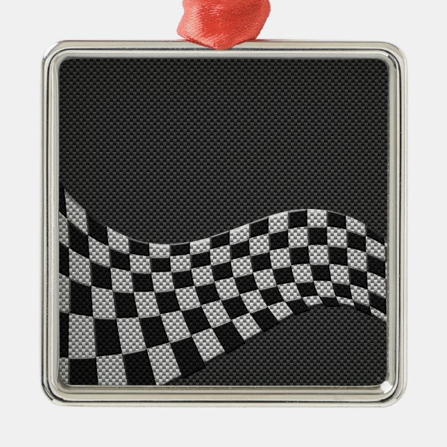 Carbon Fibre Style Racing Flag Checkers Wave Print Metal Ornament (Front)