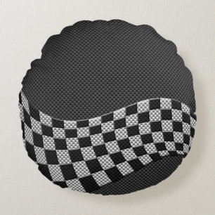 Carbon Fibre Style Racing Flag Checkers Wave Print Round Pillow