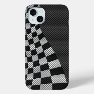 Carbon Fibre Style Racing Flag Wave Print iPhone 15 Mini Case