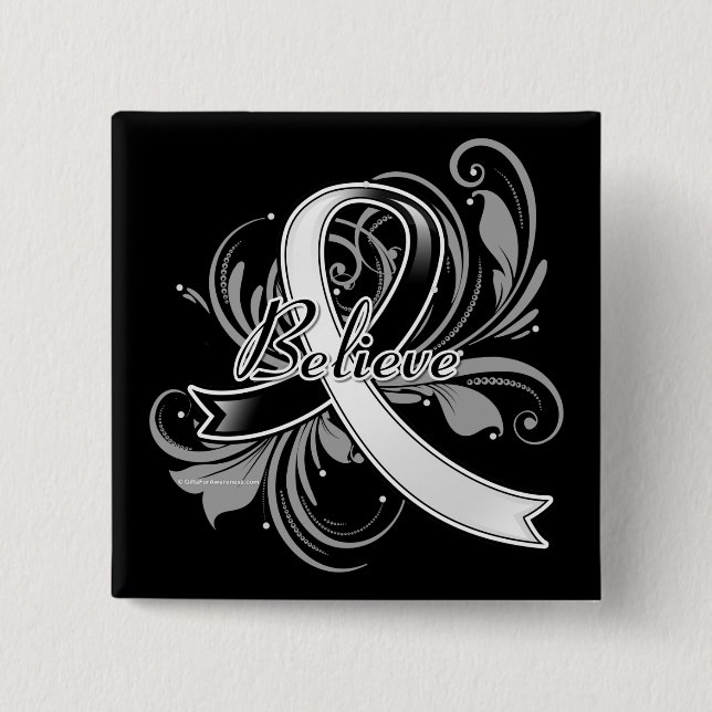 Carcinoid Cancer Believe Flourish Ribbon 2 Inch Square Button (Front)
