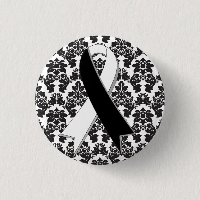 Carcinoid Cancer Damask Black and White Ribbon 1 Inch Round Button (Front)