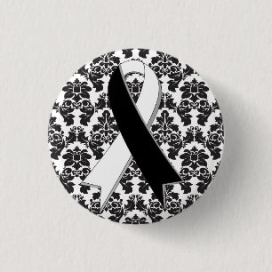Carcinoid Cancer Damask Black and White Ribbon 1 Inch Round Button