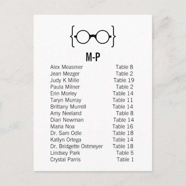 Card 9B Geeky Glasses Seating Chart Postcard v1 (Front)