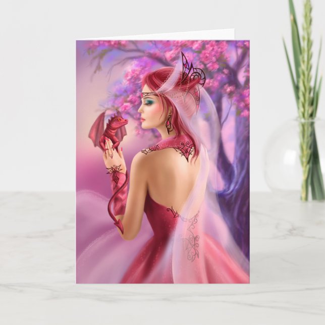Card Beautiful fantasy woman queen and red dragon (Front)