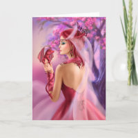 Card Beautiful fantasy woman queen and red dragon