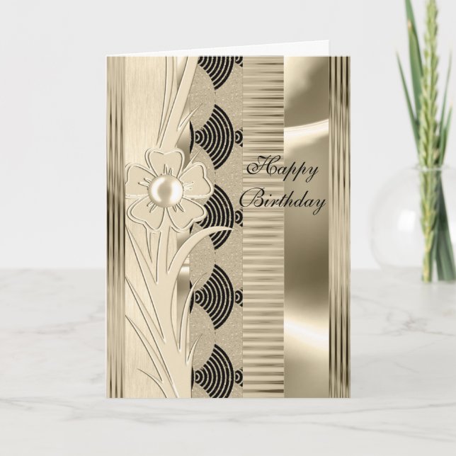 Card Birthday Light Floral Gold Art Deco (Front)