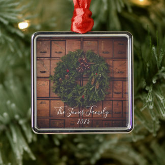 Card Catalogue with Wreath - Personalize Metal Ornament