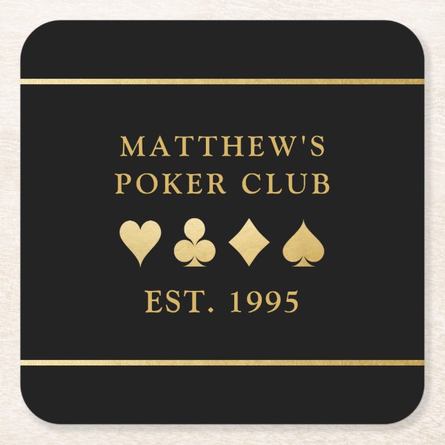 Card Club Custom Gold Name and Playing Suits Square Paper Coaster (Front)