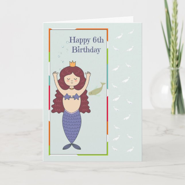 Card for a 6th Birthday with Mermaid & Fish (Front)