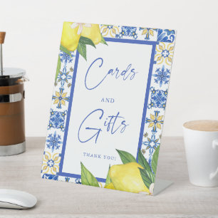 Card & Gifts Blue Tiles Lemons Bridal Shower Pedestal Sign