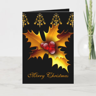 Card Merry Xmas Black Red Gold Holly Christmas