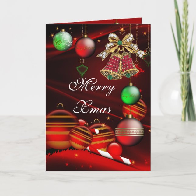 Card Merry Xmas Red Green Christmas Bells Balls (Front)