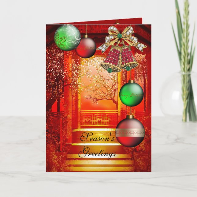 Card Season's Greetings Red Green Christmas Bells (Front)
