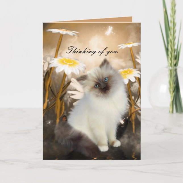 Card White Cat Kitten Flowers "Thinking of you" (Front)