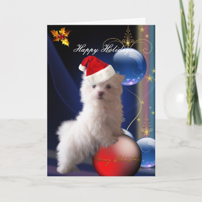 Card White Puppy Dog Flowers "Happy Holidays" (Front)