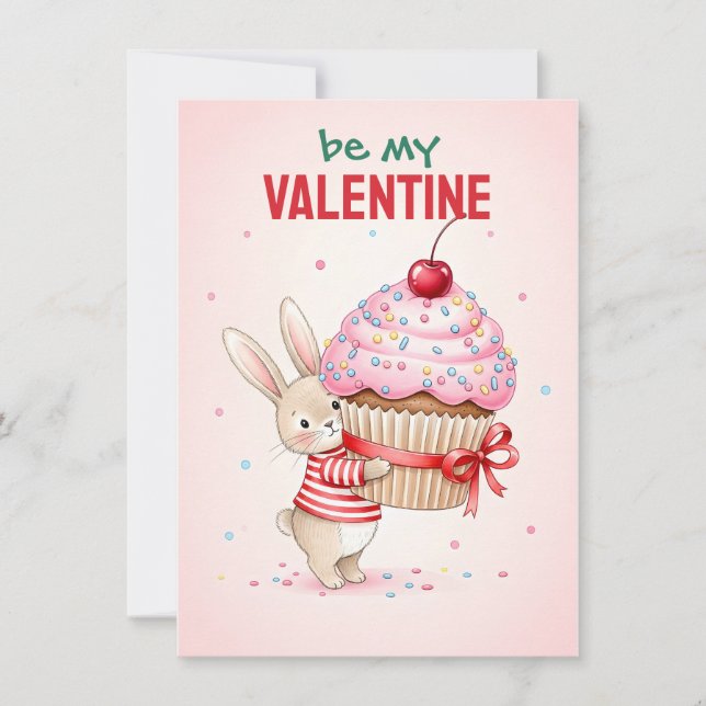 Card With Cute Bunny Hugs A Giant Cupcake  (Front)