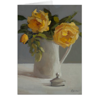 Card with yellow rose blooms in white vase.