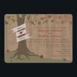 Cardboard Inspired Apple Orchard Wedding Invite<br><div class="desc">A fall wedding invitation featuring an illustration of apple trees.  Trunk wrapped with banner can be customized with bride & groom's names. Wording is from bride and groom together with their families.  Background is brown paper cardboard inspired.</div>