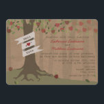 Cardboard Inspired Apple Orchard Wedding Invite<br><div class="desc">A fall wedding invitation featuring an illustration of apple trees.  Trunk wrapped with banner can be customized with bride & groom's names. Wording is from bride and groom together with their families.  Background is brown paper cardboard inspired.</div>