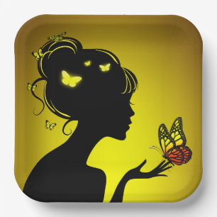 Cardboard plates The woman yellow butterflies