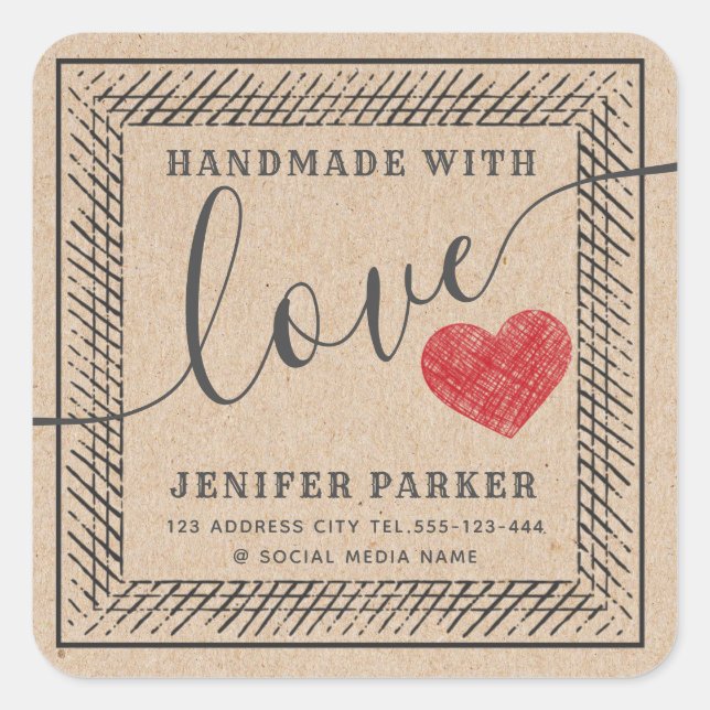 Cardboard  vintage script handmade red heart  square sticker (Front)