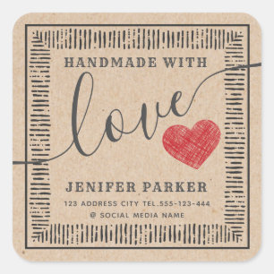 Cardboard  vintage script handmade red heart  square sticker