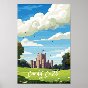 Cardiff Castle Wales vintage travel Poster