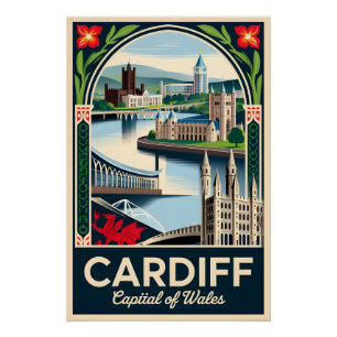 Cardiff Wales Retro Travel Poster Art
