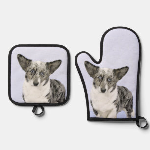 Cardigan Welsh Corgi Blue Merle Painting Dog Art Oven Mitt & Pot Holder Set