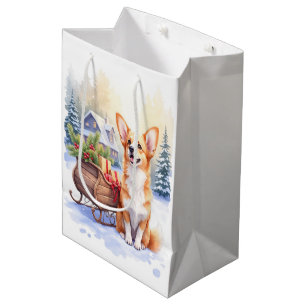 Cardigan Welsh Corgi Festive Sleigh Christmas Art Medium Gift Bag