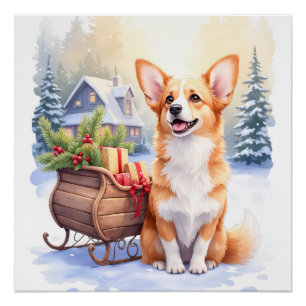 Cardigan Welsh Corgi Festive Sleigh Christmas Art Poster