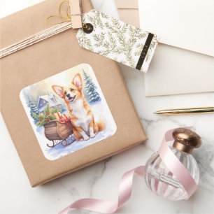 Cardigan Welsh Corgi Festive Sleigh Christmas Art Square Sticker