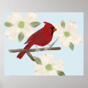 Cardinal and Dogwood Watercolor Poster Print