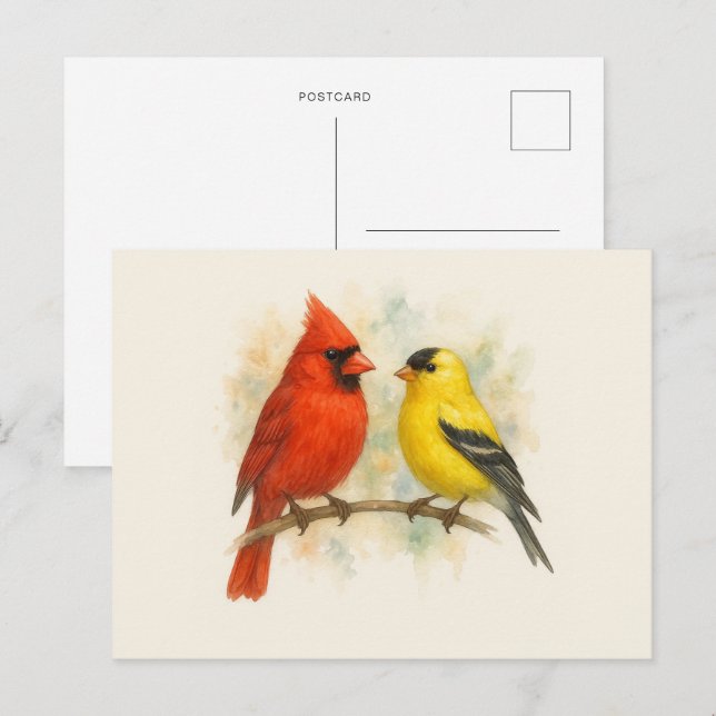 Cardinal and Goldfinch Watercolor Minimalist Postcard (Front/Back)