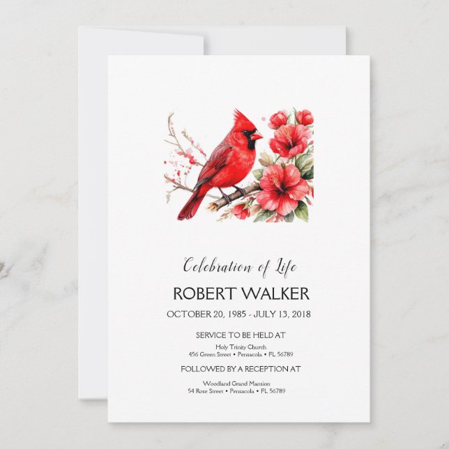 Cardinal and Hibiscus Life Tribute  Invitation (Front)
