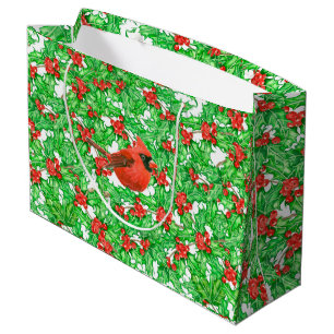 Cardinal and holly berry watercolor pattern large gift bag