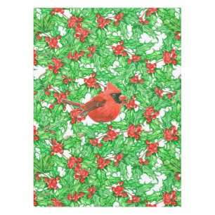 Cardinal and holly berry watercolor pattern tablecloth