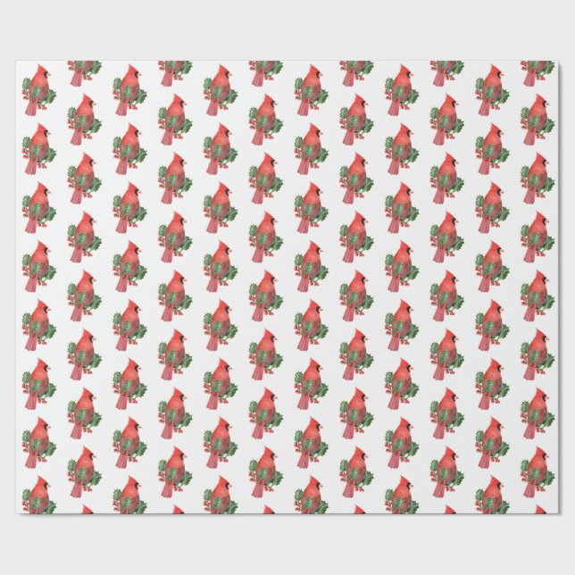 Cardinal and Holly Christmas Wrapping Paper (Seam)