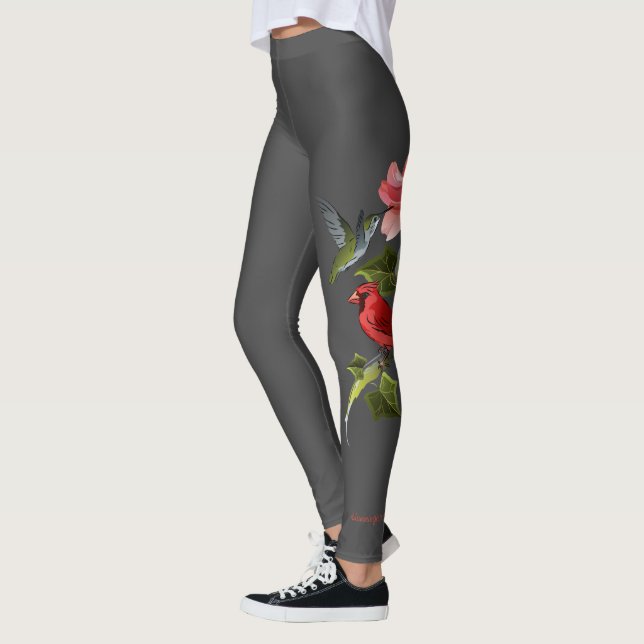 Cardinal and Hummingbird Pink Lily Personalized Leggings (Left)