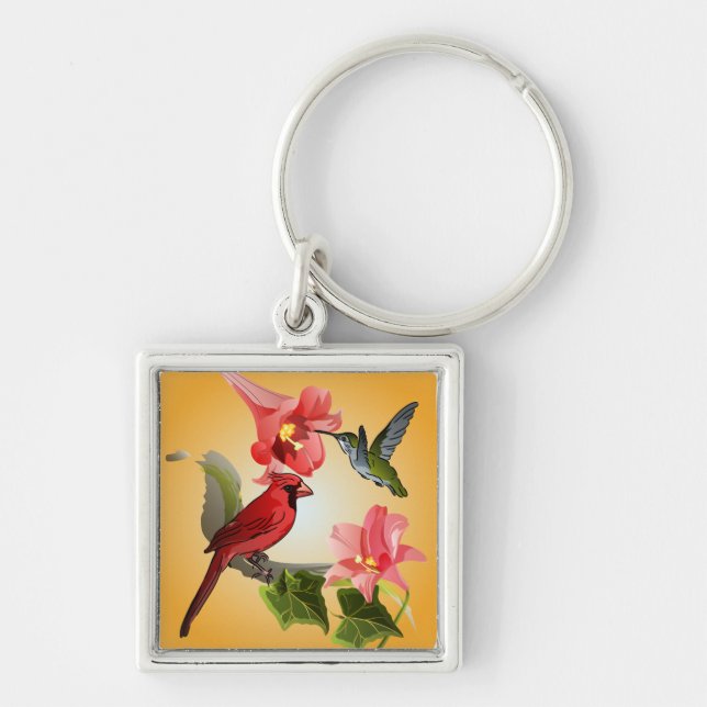 Cardinal and Hummingbird with Pink Lilies and Ivy Keychain (Front)