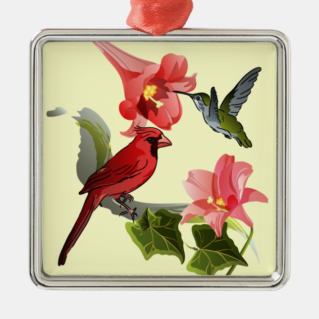 Cardinal and Hummingbird with Pink Lilies and Ivy Metal Ornament (Front)