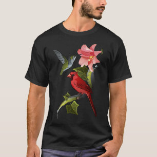 Cardinal And Hummingbird With Pink Lily And Ivy T-Shirt