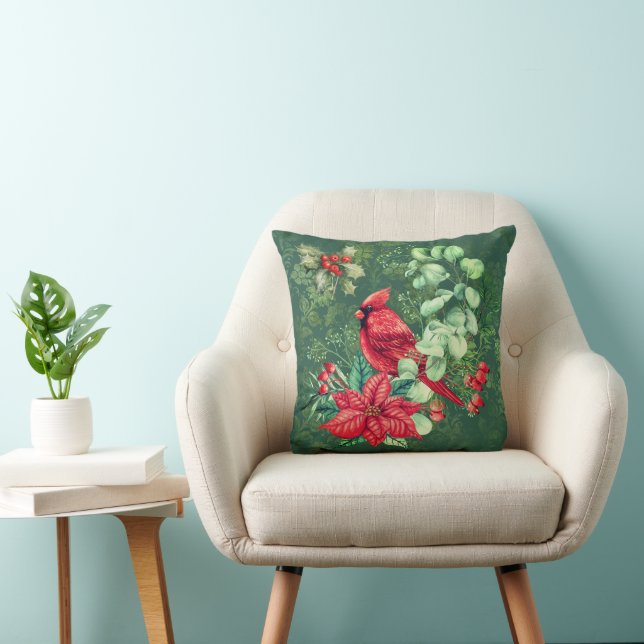  Cardinal and Poinsettia Throw Pillow (Chair)