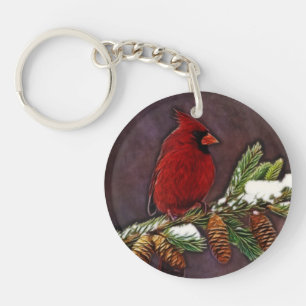 Cardinal and Snowy Pinecones Keychain