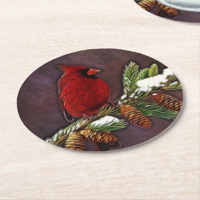 Cardinal and Snowy Pinecones Round Paper Coaster (Angled)